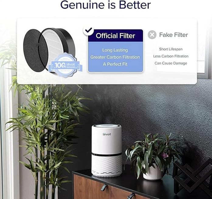 Levoit official filter vs fake filter comparison, highlighting better lifespan, carbon filtration, and perfect fit with genuine filters.