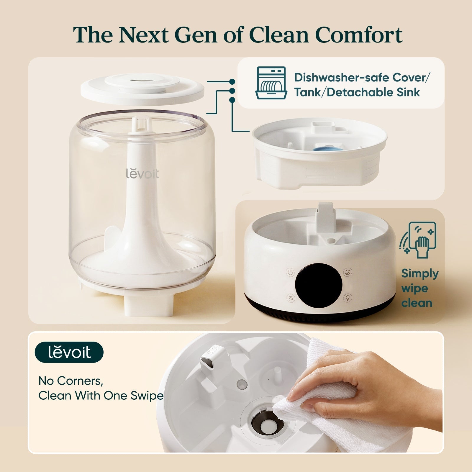 LEVOIT Neo 450S Smart Humidifier for house: Dishwasher-safe cover, tank & sink, easy one-swipe cleaning, no dead corners for hassle-free maintenance.