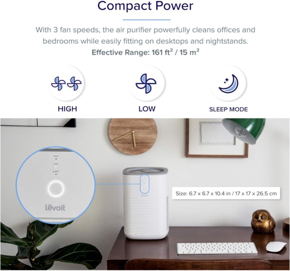 Levoit air purifier with 3 fan speeds (High, Low, Sleep Mode), ideal for offices and bedrooms with an effective range of 161 ft².