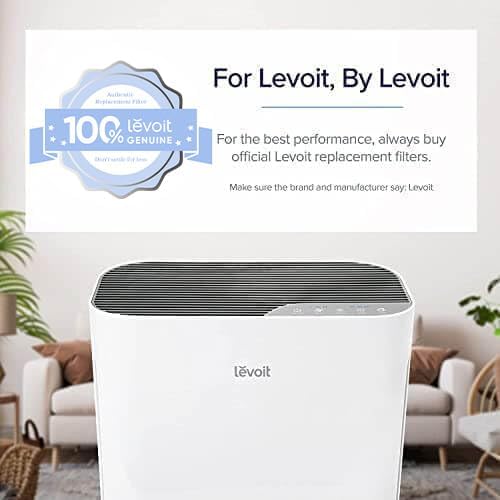 Levoit air purifier with 100% genuine replacement filter badge, emphasizing official filters for best performance.