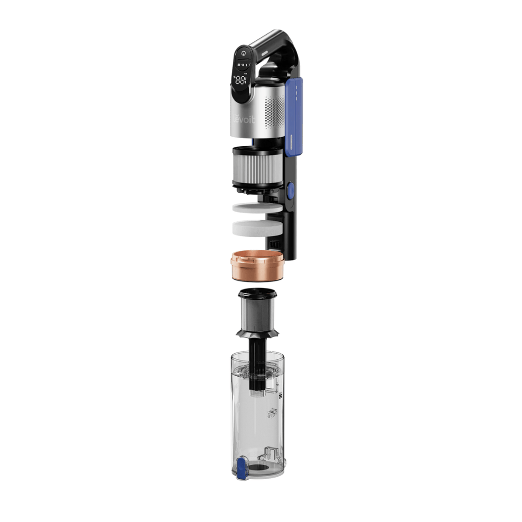 Levoit LVAC-300 Cordless Vacuum exploded view showing 5-stage HEPA filtration system components.
