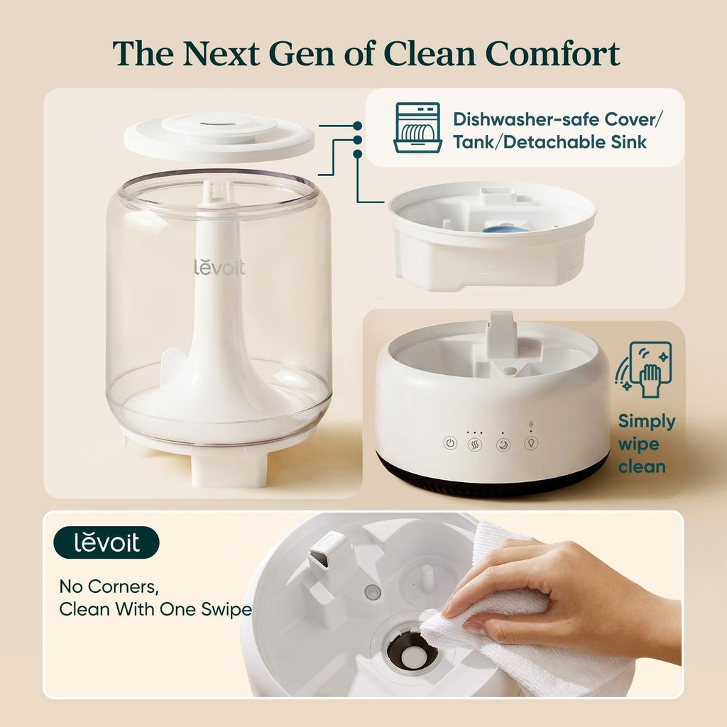 Levoit Neo 450 Humidifier: Dishwasher-safe detachable parts, easy one-swipe cleaning, no dead corners for hassle-free hygiene maintenance.